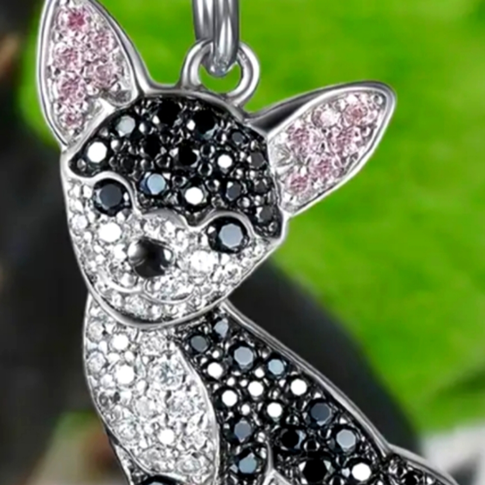 STERLING CHIHUAHUA PUPPY BLACK SPINEL/WHITE TOPAZ/PINK TOPAZ 22-IN CHAIN